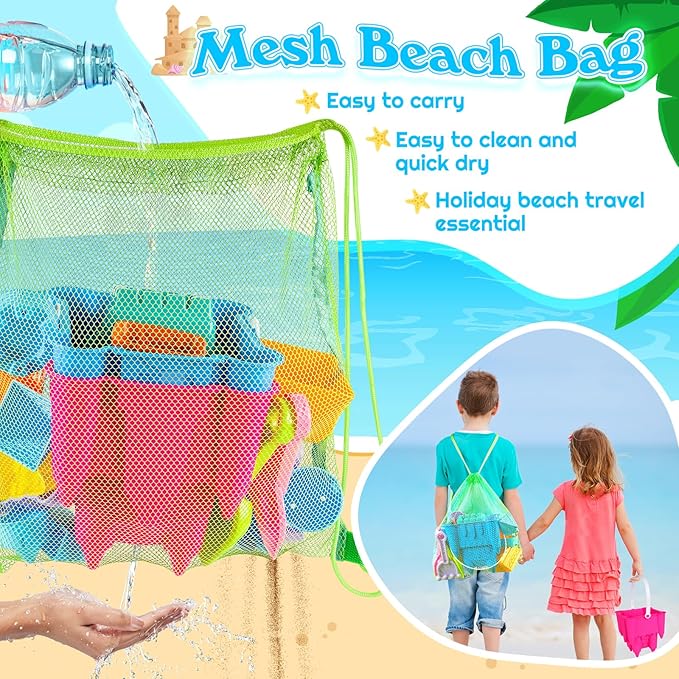 FUSPWEAO Beach Toys Sand Toys for Kids, Sand Castle Toys for Beach with 2 Castle Bucket and Mesh Bag, Sand Molds, Shovels and Rakes, Sandbox Toys for Toddlers, Travel Beach Toys for Kids 3-10