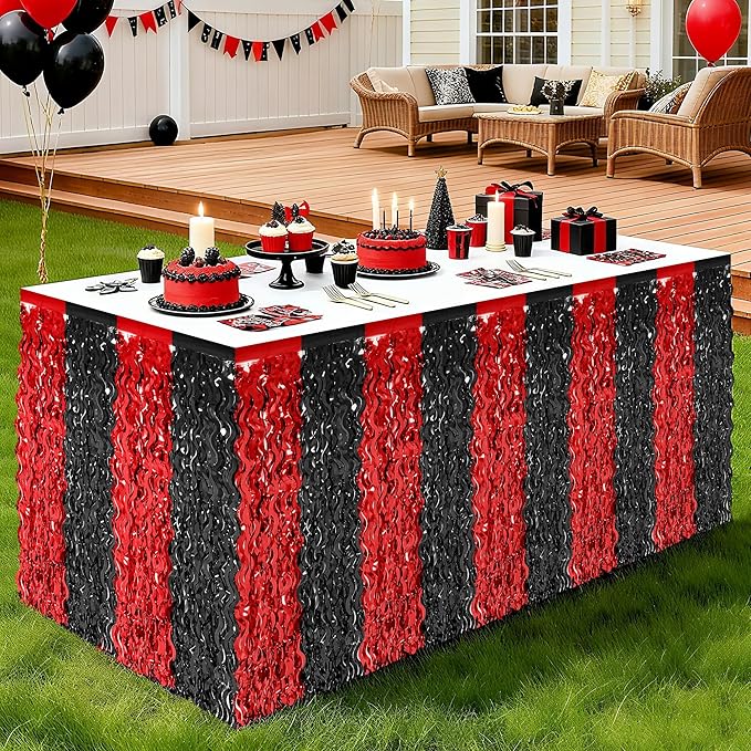2 Pack Desk Skirt, Black Red Desk Grass Skirt for Table, Halloween Metallic Wavy Tinsel Foil Fringe Table Skirts, Foil Table Skirt for Halloween Graduations Birthday Indoor Party Decorations