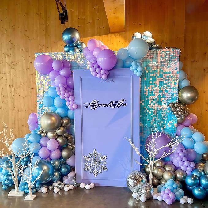 Winter Wonderland Balloons, 60PCS Light Baby Purple Blue Balloons, Metallic Blue Silver Snowflakes Confetti Balloon for Princess Ice Snow Wonderland Baby Shower Christmas Birthday Party Decorations