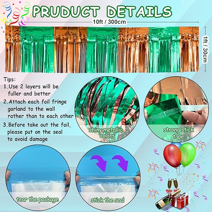 4 Packs Total 39 Ft Super Ball Parade Floats for Trailer Car, Green Brown Foil Fringe Garland Tinsel Streamers Hanging Backdrop Banner Table Skirts for Graduation Homecoming Birthday Football Party