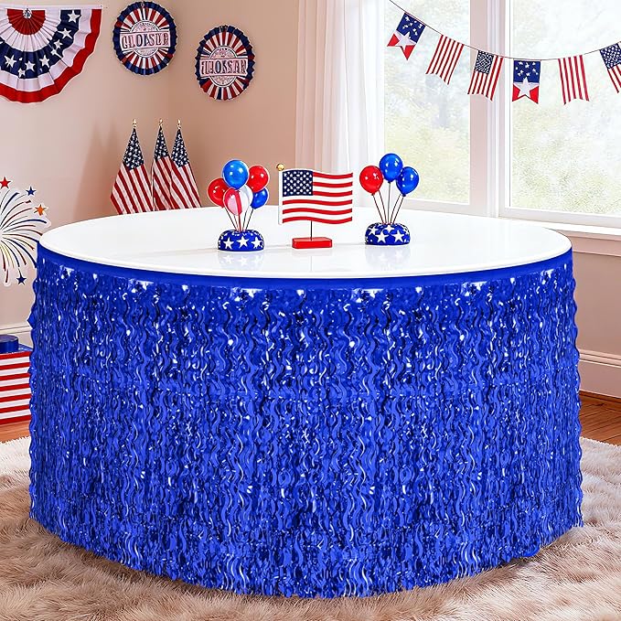 Navy Blue Table Skirt, 2 Pack Blue Foil Grass Table Skirt, Patriotic Metallic Wavy Tinsel Foil Fringe Table Skirts, Table Skirts for Birthday Graduations 4th of July Christmas Parade Party