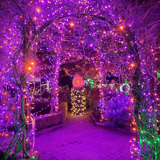 kemooie 300 LED Orange&Purple Halloween Lights, 99FT Connectable 8 Lighting Modes with Memory Function Plug in, Waterproof for Outdoor Indoor Halloween Garden Roof Decorations (Purple and Orange)