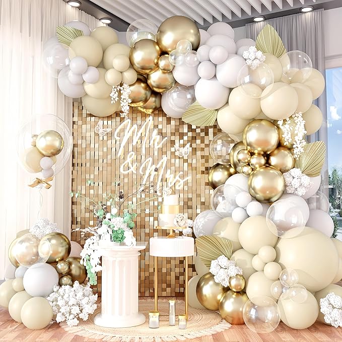 128PCS White Sand Gold Balloons Arch Kit, Nude Bridal Shower Balloon Garland with Metallic Gold Balloons for Bachelorette Bride to be Boho Wedding Baby Shower Birthday Graduation Party Decorations