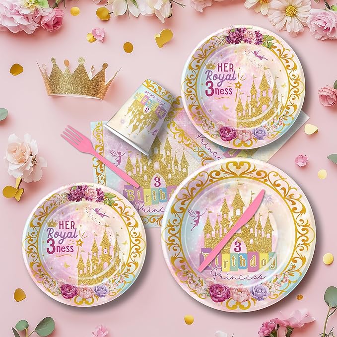 Princess 3rd Birthday Party Decorations Tableware, Pink and Gold Princess Theme Her Royal 3ness Birthday Party Supplies, Paper Plate, Cup, Napkin, Disposable Cutlery, Serve 24