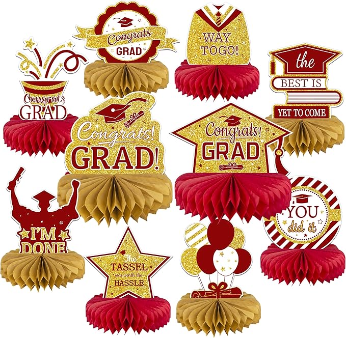 10PCS Graduation Decorations Class of 2025 Centerpieces, Congrats Grad Honeycomb Table Toppers for Graduation Party Favors, 2026 Graduation Party Decorations (10PCS, Maroon & Gold)