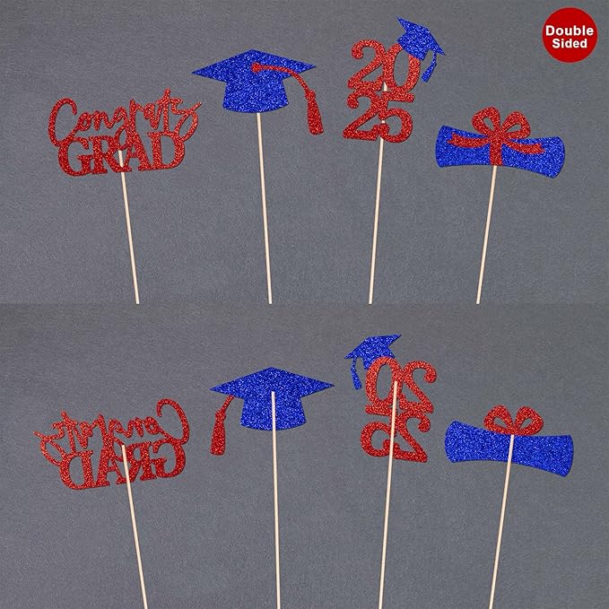 Gexolenu 16 PCS Red and Blue Double-Sided 2025 Graduation Centerpieces for Tables, 2025 Table Toppers Party Centerpiece Sticks Party Supplies, Graduation Party Decorations Class of 2025, Set of 4