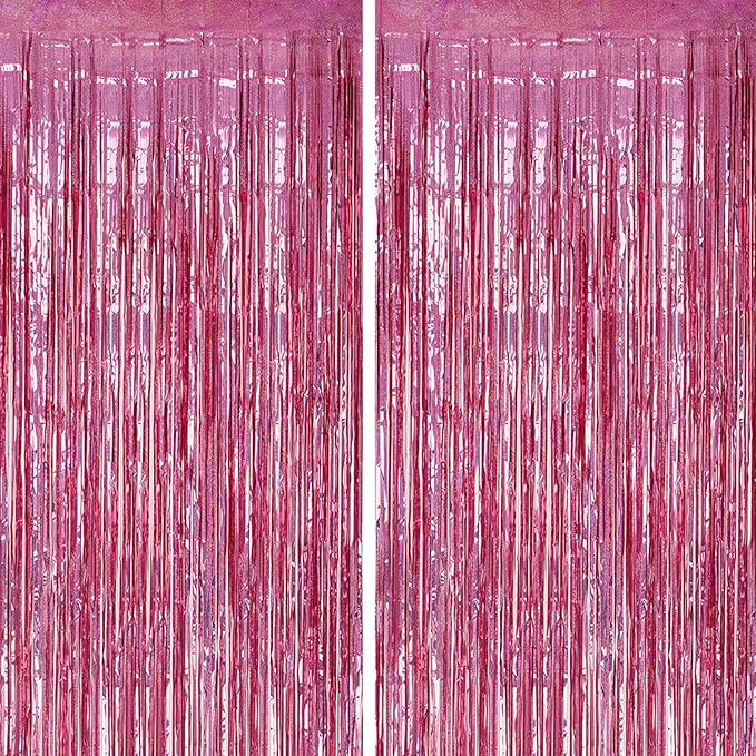 2 Pack Foil Fringe Backdrop - Laser Pink Shiny Tinsel Curtains for Party Decoration/Photo Booth Props - 3.3x6.6 FT Metallic Foil Backdrop for Birthday, Wedding, Graduation, Christmas.