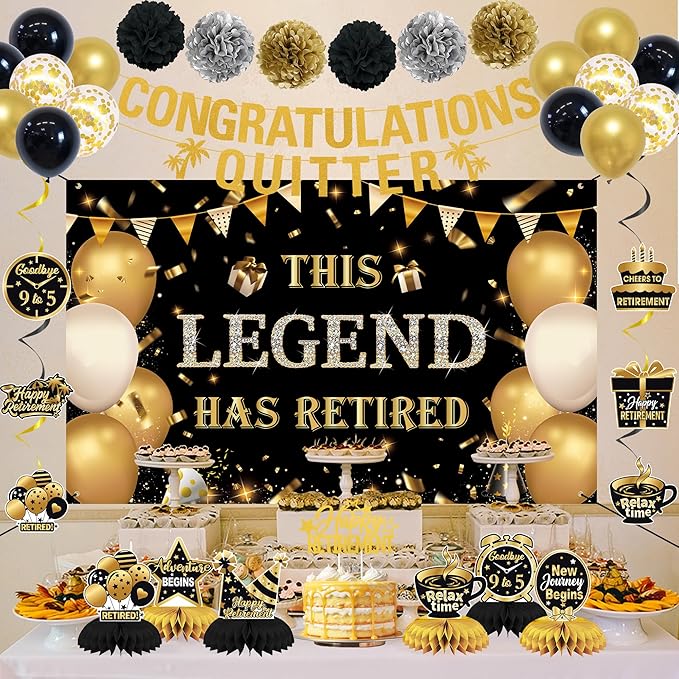DARUNAXY Black Gold Retirement Party Decorations, This Legend Has Retired Banner Congratulations Quitter Hanging Swirl Honeycomb Confetti Balloons Black & Gold Tissue Paper Pom Poms & Cake Topper