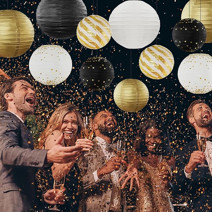 Black and Gold Hanging Paper Lanterns Decorations Graduation 2026 12pcs Paper Lanterns Decorative for Great Gatsby Theme Birthday Retirement Party Decorations