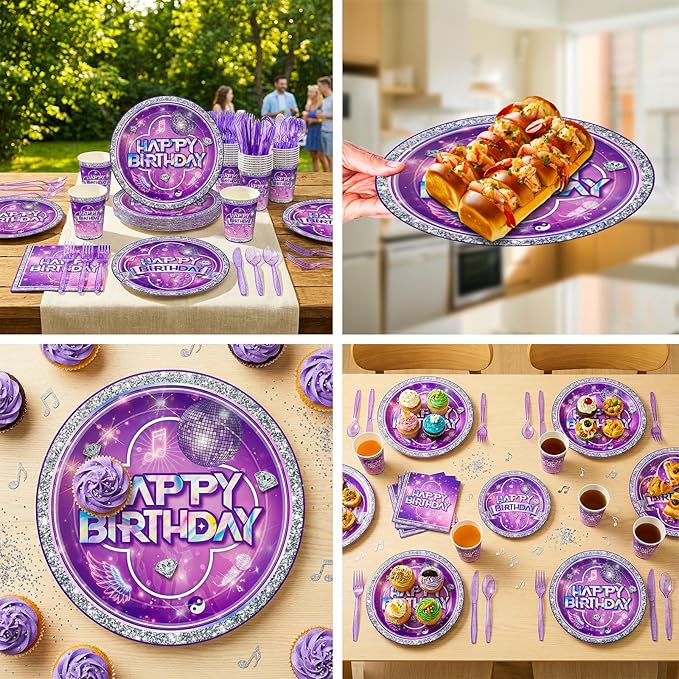 168pcs Music Party Supplies Paper Plates Napkins Disposable Paper Cups Purple Fork Tableware Set Purple Music Birthday Party Decoations for Girls Birthday Supplies Serve 24