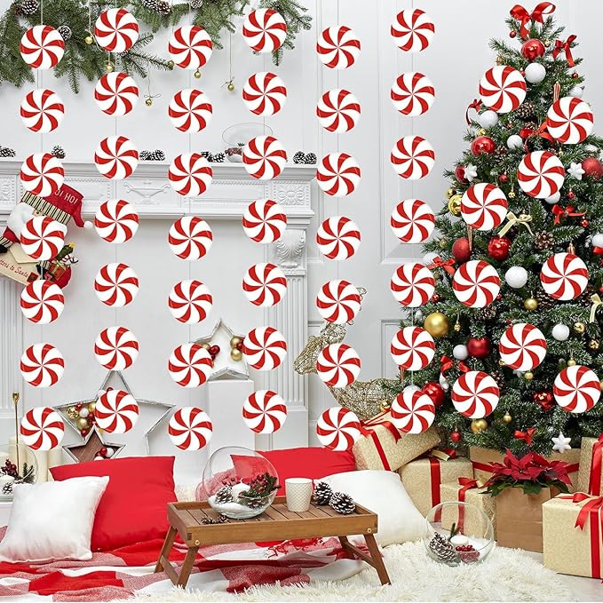 Faccito 8 Pcs Christmas Peppermint Candy Hanging Decorations Christmas Ceiling Decorations Paper Garland for Xmas Party Winter Holiday Birthday Decor(Red White Candy)