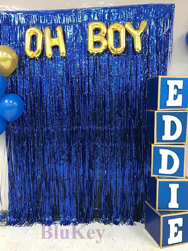 2 Pack 3ft x 8ft Foil Fringe Backdrop Metallic Tinsel Door Window Curtain Party Photo Booth Props for Birthday Bachelorette Wedding Graduation Party Decorations (Royal Blue)