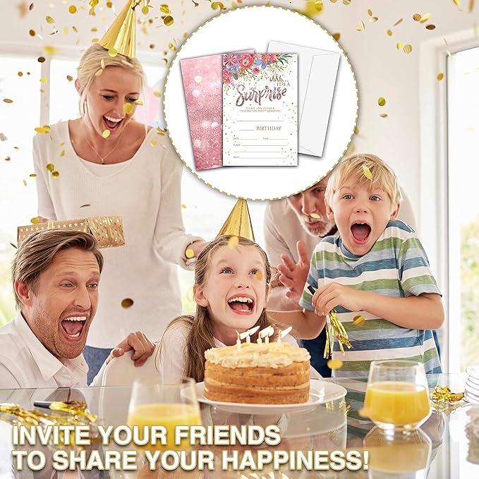 Birthday Party Invitations, Floral Glitter Birthday Invitations, Double-Sided Fill In Birthday Invites, Birthday Party Favors Decorations Supplies, 20 Cards With 20 Envelopes(Invite-A03)