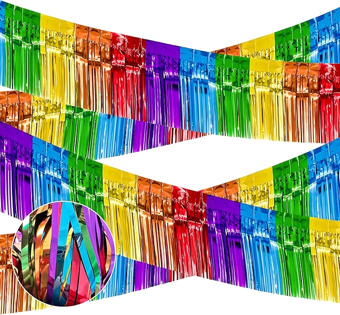 4 Packs Total 39 Ft Rainbow Parade Floats for Trailer Car, Colorful Foil Fringe Garland Tinsel Streamers Hanging Banner Table Skirts for Graduation Homecoming Holiday Birthday Pride Party Decor