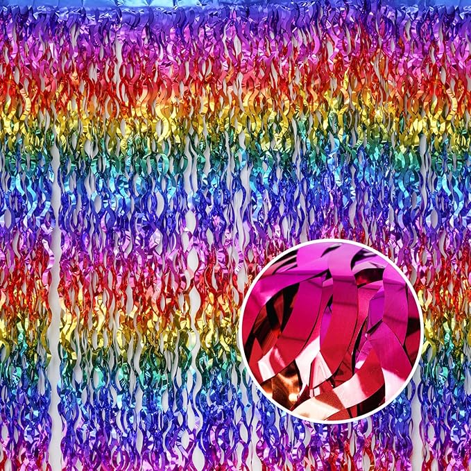 Shiny Rainbow Foil Fringe Curtain Wavy Rainbow Tinsel Streamer Backdrop for Party Decorations Birthday Wedding Graduation Baby Shower 2 Packs
