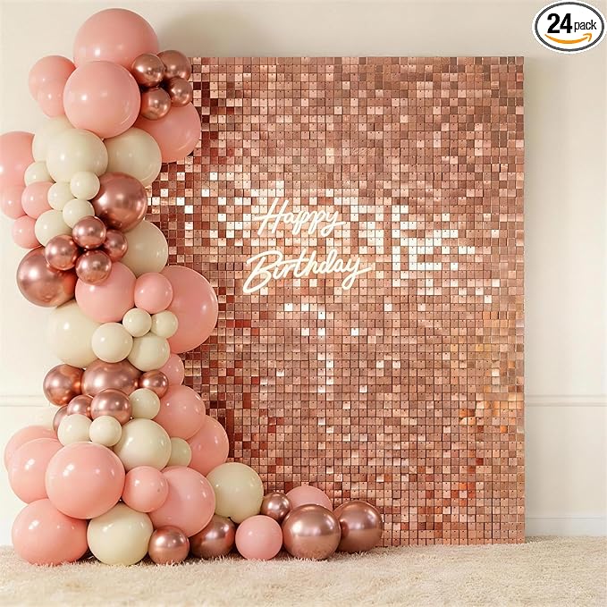 Rosegold Shimmer Wall Backdrop 24 Panels Cover 6 x 4 Ft, Photo Backdrops for Wedding,Anniversary,Birthday,Party Decoration