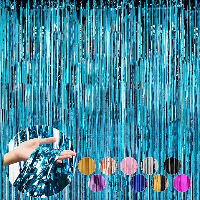 4 Pack Baby Blue Foil Fringe Curtains Door Streamers Party Decorations 3.3 x 8.2 ft, Tinsel Curtain Fringe Backdrop for Parties, Door Fringe Birthday Streamers, Photo Booth Backdrops, Party Decor