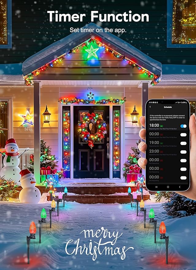 Brightown Smart C9 LED Christmas Lights Outdoor House, 66Ft 100 LED RGB Christmas Pathway Lights with 58 Preset Modes, App or Remote Control, Music Sync, Memory and Timer Function for Indoor/Outside