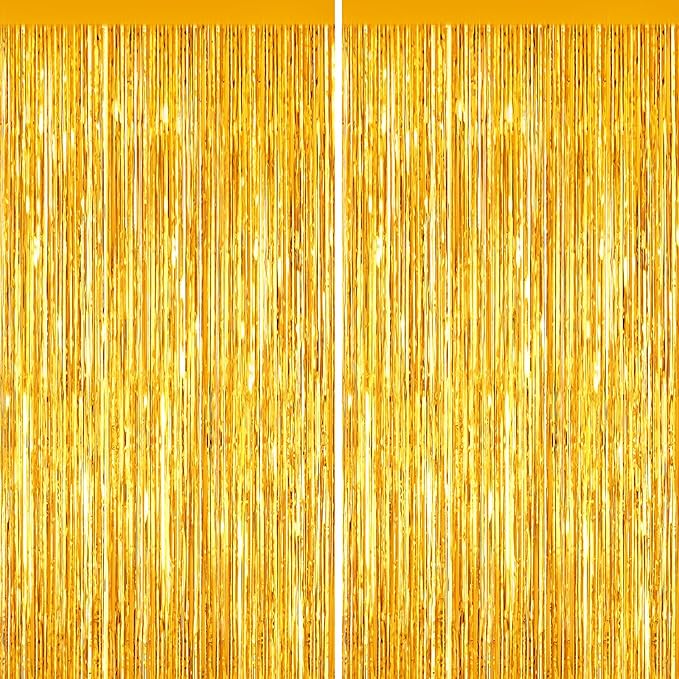 2 Pack Gold Foil Fringe Curtains, 3.3ft x 6.6ft Streamer Foil Curtain, Tinsel Backdrop for Birthday Party, Christmas Decor, Wedding Engagement Baby Shower Bachelorette Party Decorations