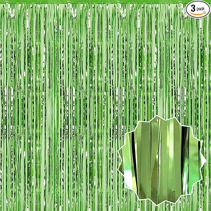3 Pack Light Green Foil Fringe Curtains Backdrop, 3.28 x 8.2 Ft Metallic Streamers Tinsel Curtains Background for Photo Booth, Birthday, Halloween, Christmas, Thanksgiving, New Year Party Decorations