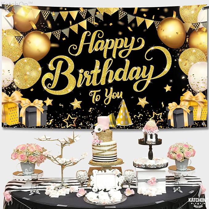 KatchOn, Black and Gold Happy Birthday Banner Sign - XtraLarge, 72x44 Inch | Black and Gold Backdrop Banner for Happy Birthday Decorations | Party Decorations for Men and Women