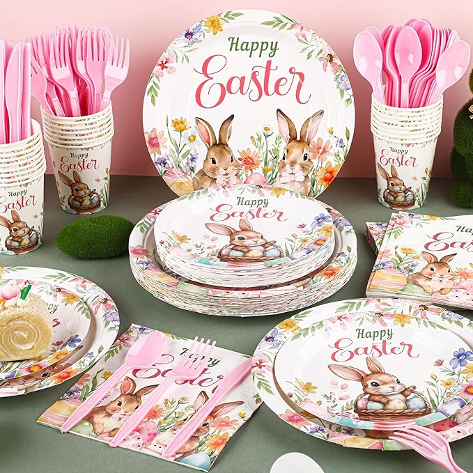 Kochorie 175 Pieces Easter Paper Plates and Napkins Disposable Colorful Eggs Easter Bunny Flower Tableware Set 7 Inch & 9 Inch Plates Napkins Cups Cutlery for Spring Holiday Party Decor, Serve 25