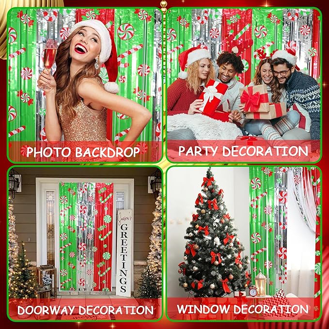 Christmas Party Decorations Candy Cane Foil Fringe Curtains, 2Pcs Red Silver Green Christmas Backdrop Photo Booth Prop Streamers for Ugly Sweater Party, 3.3x6.6Ft