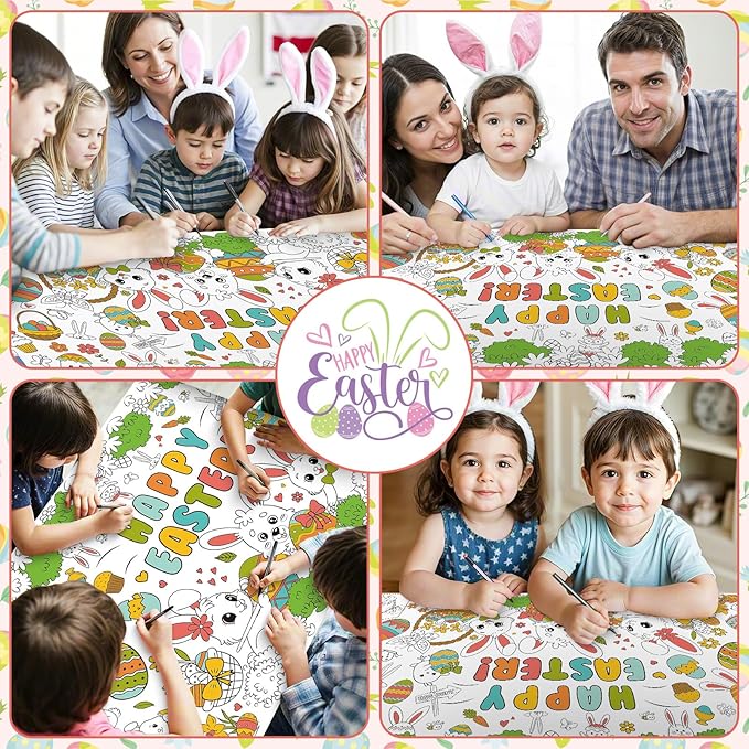 Giant Easter Coloring Poster - Large Happy Easter Coloring Tablecloth Cover, Jumbo Cute Bunny Paper Colorable Table Cloth Banner for Easters Gifts Activities Game Party Decorations Props, 31 x 72Inch
