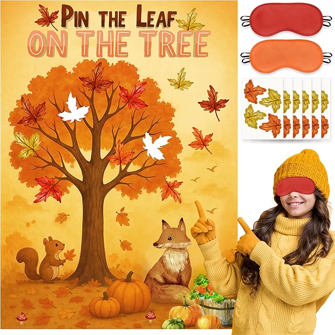 Pin the Leaf On the Tree Game Poster with 24 Pcs Maple Leaves Stickers Fun Fall Thanksgiving Pumpkin Harvest Seasonal Holiday Party Activity Decorations Supplies for Halloween Autumn Festival Birthday