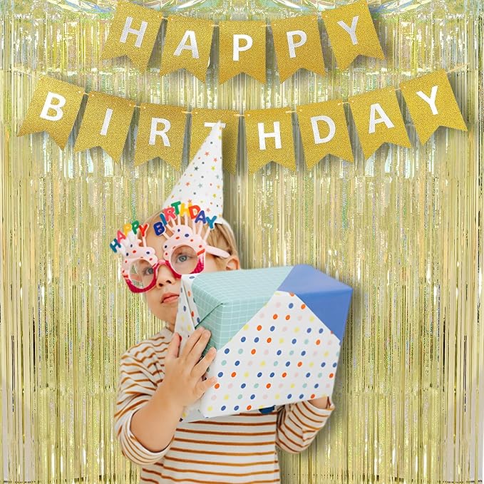 BRAVESHINE Gold Party Tinsel Backdrop - 2 Pack 3.2x8.2ft Metallic Foil Fringe Curtain Streamers for Birthday/Engagement/Bachelorette/Anniversary/Prom/Graduation/Hawaiian/Luau/Wedding Decorations