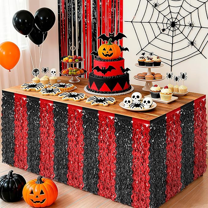 2 Pack Desk Skirt, Black Red Desk Grass Skirt for Table, Halloween Metallic Wavy Tinsel Foil Fringe Table Skirts, Foil Table Skirt for Halloween Graduations Birthday Indoor Party Decorations