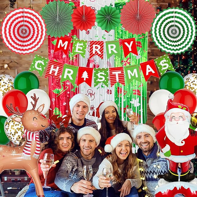 Trgowaul Merry Christmas Decorations, 30pcs Red Green Happy Christmas Party Supplies Decorations, Banner, Paper Fan Flower, Santa Claus Xmas Elk Foil Balloon, Fringe Curtain, Xmas Decoration Set