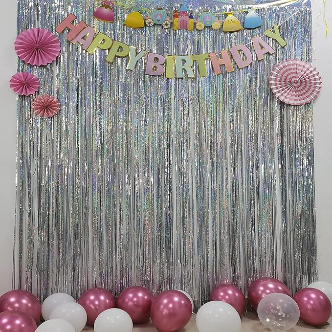 BRAVESHINE Silver Streamers Party Backdrop - 2Pcs 3.2x8.2ft Tinsel Foil Fringe Curtain for Birthday/Graduation/Prom/Bachelorette/Anniversary/Engagement/Bridal Shower/Dance Ball/Snowflake Decorations