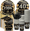 240 Pcs 40th Birthday Decorations 1986 Birthday Party Tableware Include Plates Napkins 9oz Cups Cutlery 40th Anniversary Party Supplies for Men Women Him Her, Serve 30 Guests (Black Gold)