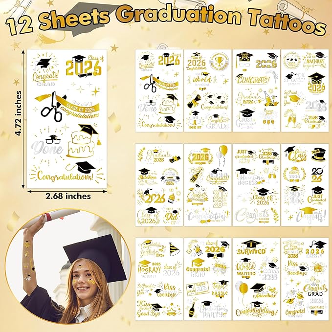 96 Pcs Grad Temporary Tattoos, 12 Sheets Foil Metallic Grad Glitter Tattoos Bulk, Graduation Stickers Tattoo for 2026 Congrats Graduation Party Favors Decorations Decor Gifts Supplies Accessories