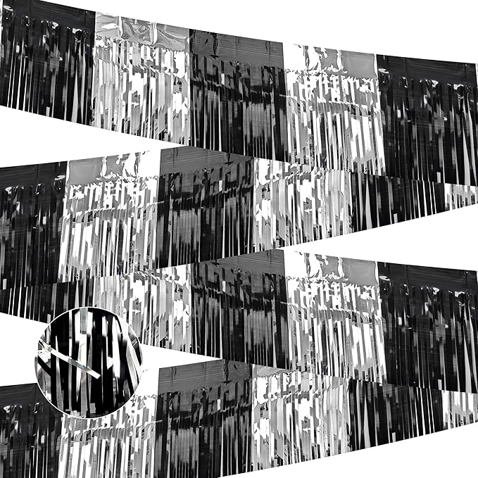 4 Packs Total 39 Ft Parade Floats for Trailer Car, Black Gold Silver Foil Fringe Garland Tinsel Streamers Banner Table Skirts for Graduation Homecoming New Year's Eve Birthday Party Decor