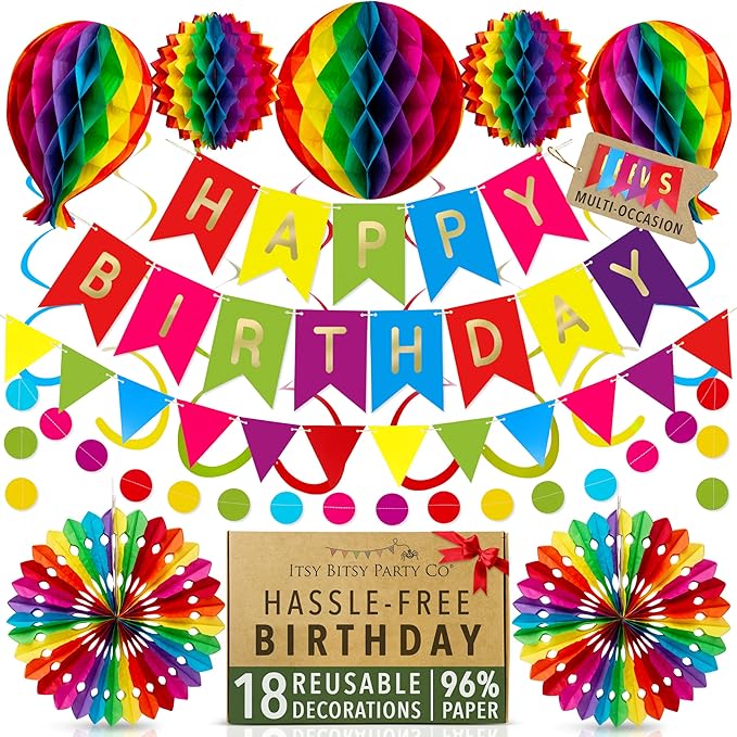 Premium Reusable Happy Birthday Decorations - Colorful Rainbow Birthday Decorations for Kids, Women, and Men - Multi-occasion Banner, Pennant Banner, Paper Fans - Party Decor by Itsy Bitsy Party Co
