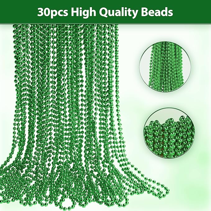 30 Pack Mardi Gras Beads Necklaces Bulk,Mardi Gras St Patricks Day Accessories Green Beads Necklace Party Favors,St Patricks Day Necklaces Party Supplies Mardi Gras Decor for Party,School Event,Home