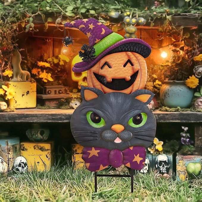 TERESA'S COLLECTIONS Pre-Lit Halloween Decorations Outdoor, Solar Garden Stake with 2 Stacks Cute Black Cat Pumpkin, Jack O Lantern Metal Yard Art Lawn Gift for Valentines Party Porch Patio Decor, 23"