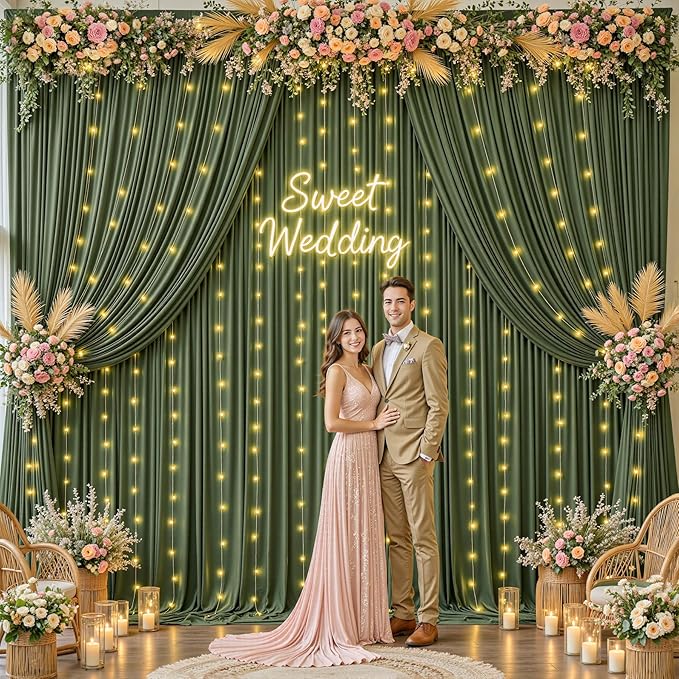 20 x 10ft Hunter Green Backdrop Curtains with Lights String Polyester Photo Backdrop Drapes Wrinkle Free Dark Green Long Curtain for Birthday Party Wedding Reception Baby Shower Ceremony-10 x 5ft x 4P