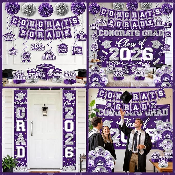 Purple and Silver Graduation Decorations 2026 Set, All-in-1 Kit with Congrats Grad Banner Class of 2026 Backdrop Porch Sign Balloons Centerpieces Card Box Pom Poms Streamers for College High School