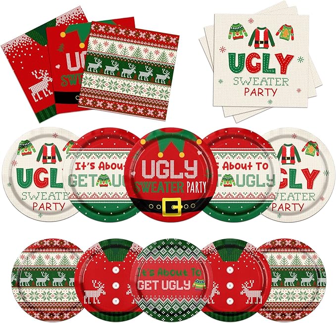 HAKOTI Christmas Party Decorations,60Pcs Ugly Sweater Party Decorations Set Christmas Plates and Napkins for New Year Ugly Sweater Dinnerware Xmas Holiday Party Disposable Supplies
