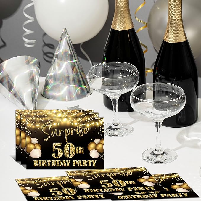 YSTEP 50th Birthday Party Invitations, 20 Black Gold Invite Cards with Envelopes, 4"x6" Foil Balloon Birthday Invites - B09