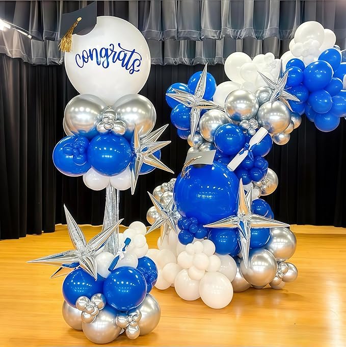 Royal Blue and Silver Balloons for Graduation Party Decorations, 12In Dark Navy Blue and White Balloons with Metallic Silver Star Balloon for Graduation Father's Day Birthday Baby Shower Party Decor