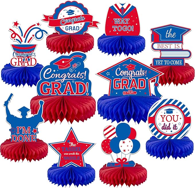10PCS Graduation Decorations Class of 2025 Centerpieces, Congrats Grad Honeycomb Table Toppers for Graduation Party Favors, 2026 Graduation Party Decorations (10PCS, Red & Blue)