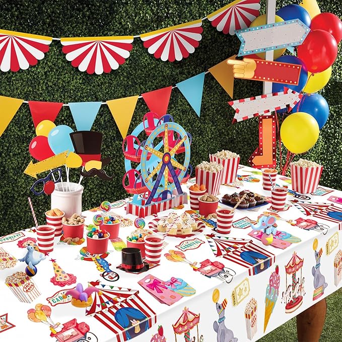 Hxezoc 3 Pack Circus Party Tablecloths, 54 x 108 Inch Disposable Plastic Carnival Table Cover for Carnival Birthday Party Decorations Outdoor Indoor Supplies
