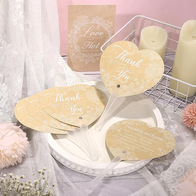 Aneco 120 Pieces Wedding Hand Plastic Fans with Wedding Table Sign Handheld Plastic Fan with Handle for Guests Bulk Wedding Hand Fans for Wedding Ceremony Bridal Shower, White Lace