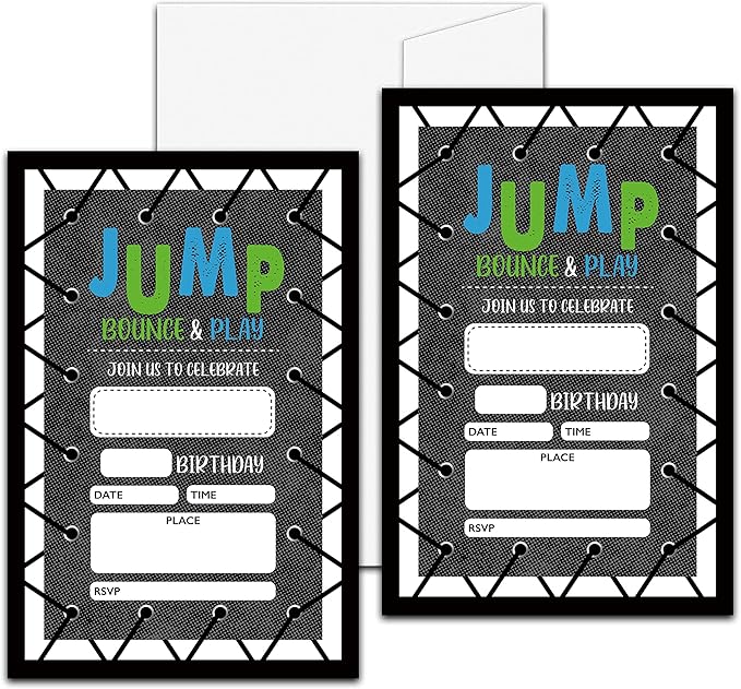 Jump Birthday Party Invitation, Bounce House Themed Fill-In Invites, 20 Invitations With Envelopes for Adults Men & Women (4" X 6"), Trampoline Party Favors Decorations and Supplies -44