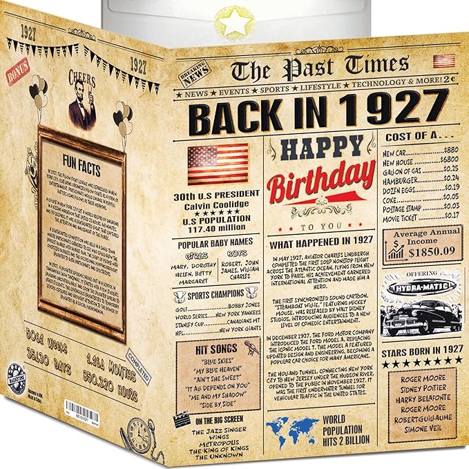 99th Birthday Card for Women Men - Back In 1927 Newspaper - 99 th Happy BIRTHDAY card - 99th birthday gift for Her Him - JUMBO A4 size - 99th birthday decorations Dad Mom - Best gifts for 99 year old