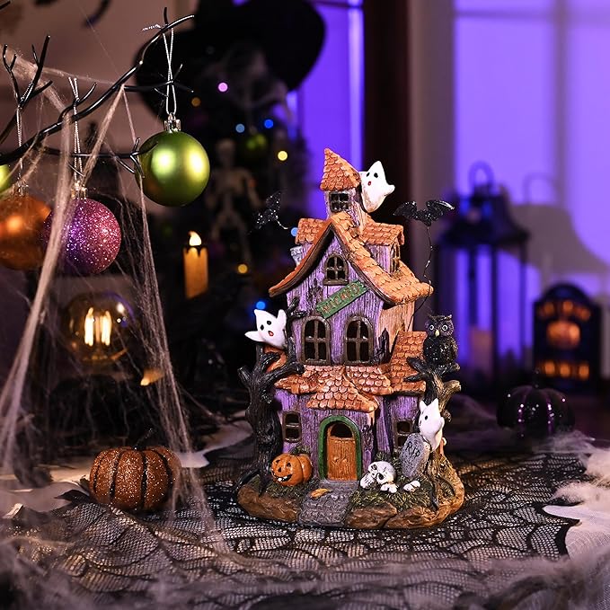 Valery Madelyn Halloween Decorations, Lighted Halloween Village Houses with LED Lights, Resin Spooky Town Happy Haunted House for Home and Party Table Desk Mantel, 9 Inch